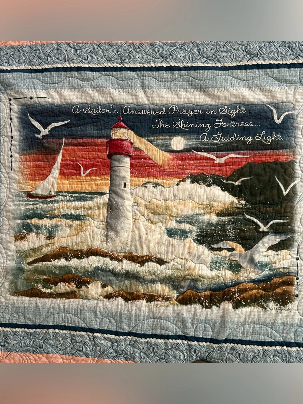 Nautical Coastal Lighthouse Patchwork Quilt-Beautiful swirl quilting. Cottage.